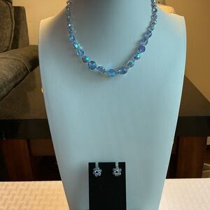 Light Blue Aurora Borealis Vintage Silver Tone Necklace and Earrings Set